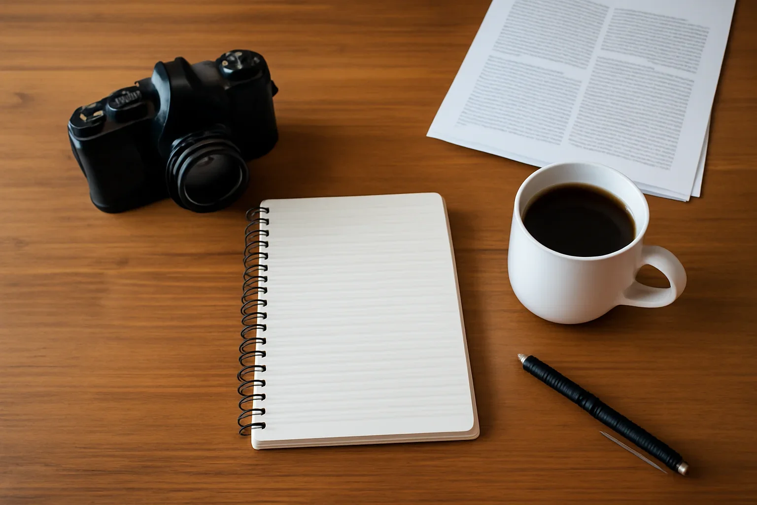 Editorial desk with notebook, coffee, camera and printed pages