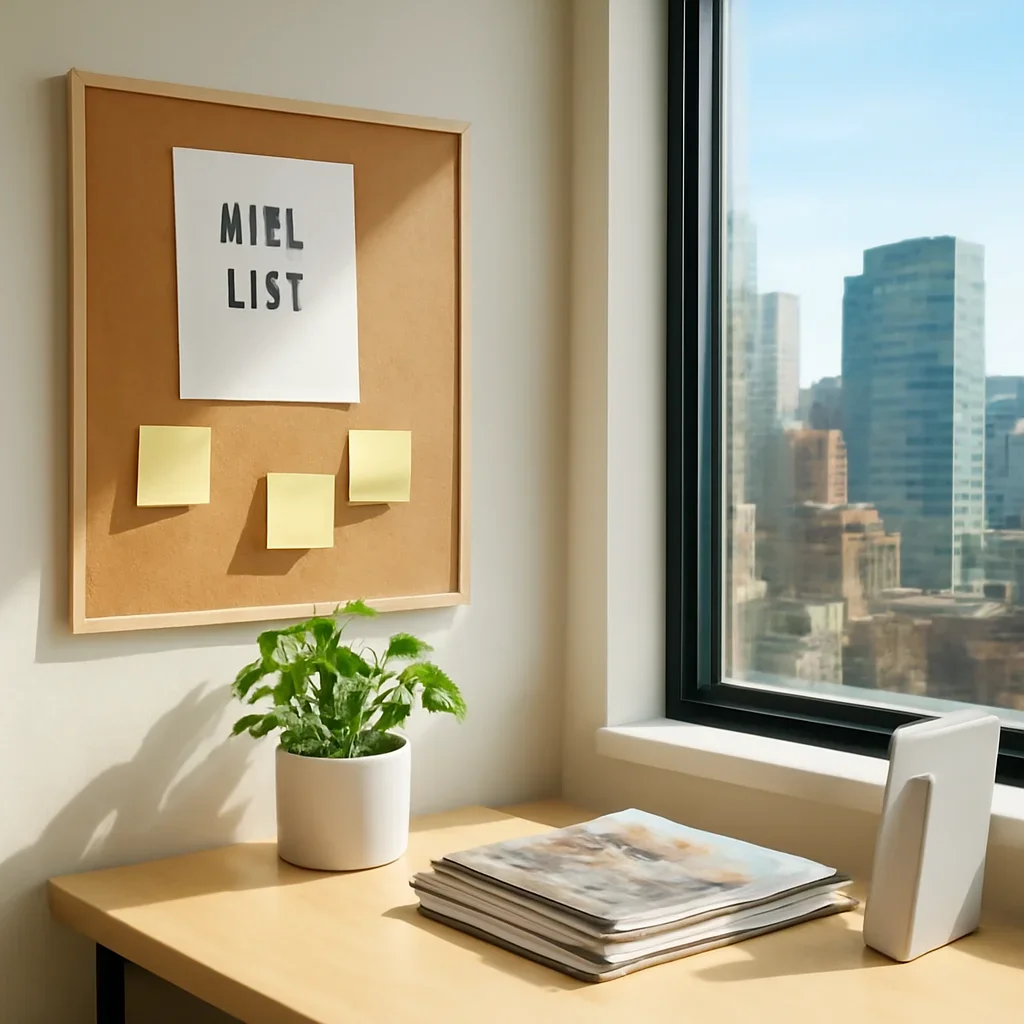 Bright office corner with mailing list notes, magazines and a city view