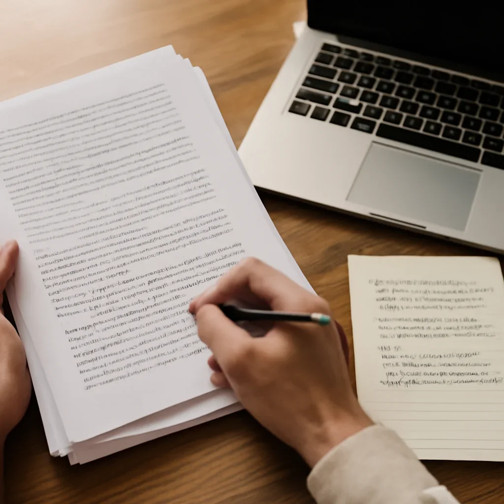 Hands reviewing page proofs and reader notes beside a laptop
