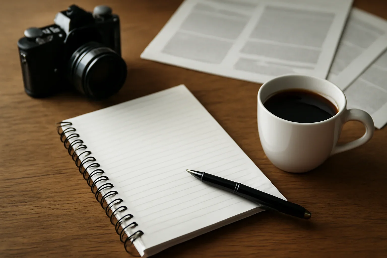 Editorial desk with notebook, coffee, camera and printed pages
