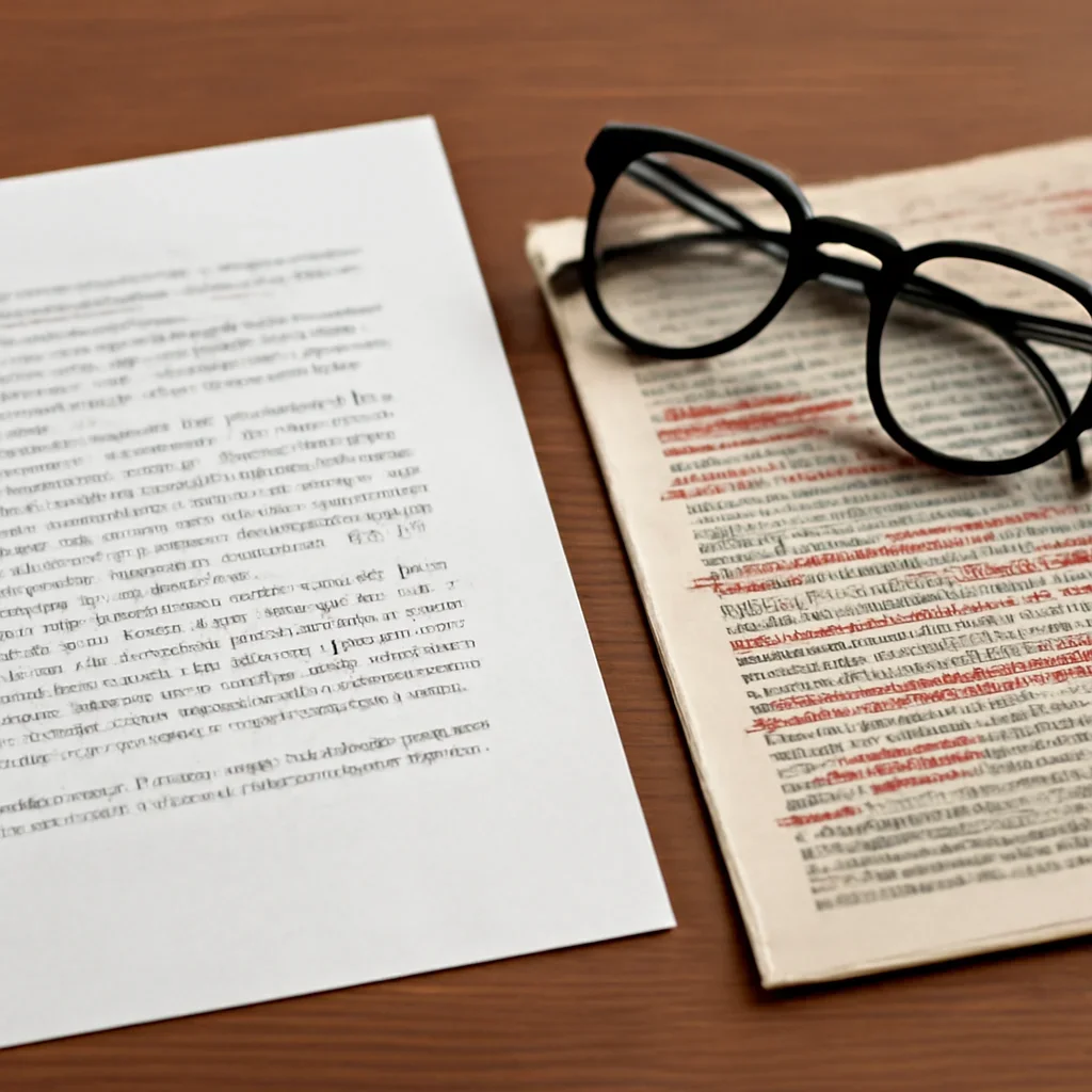 Typed letter beside a marked-up article clipping and reading glasses