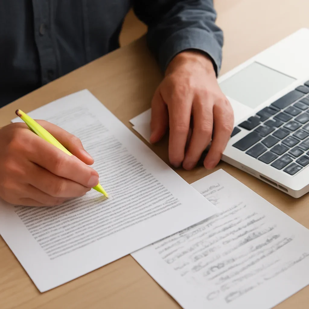 Hands reviewing page proofs and reader notes beside a laptop
