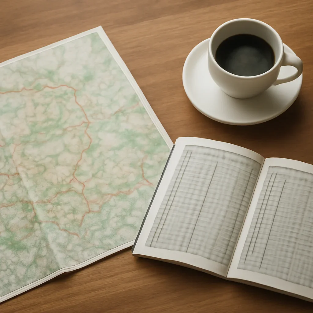 Open map, train timetable and coffee on a wooden table before a trip