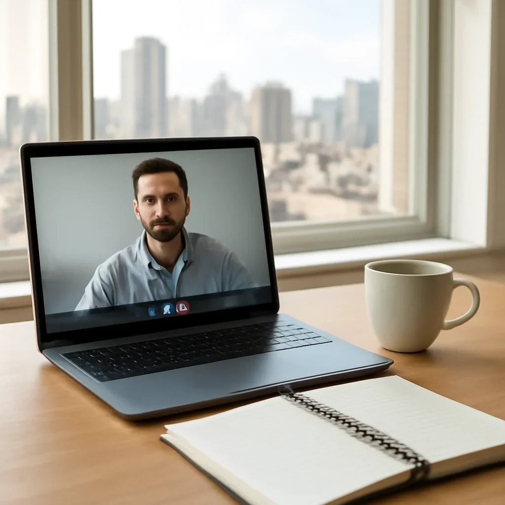 Video call setup with notebook, coffee and city window view during relocation planning