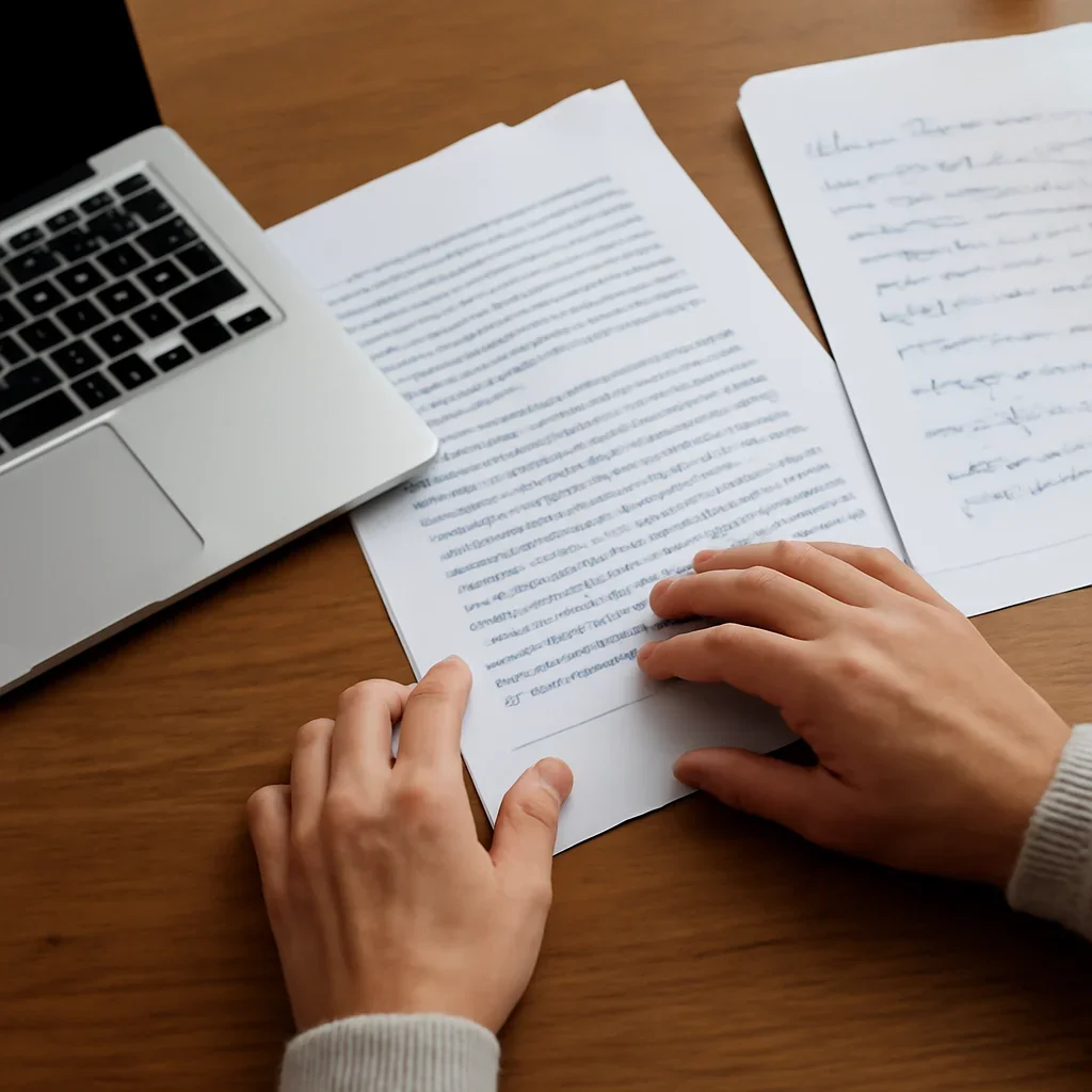 Hands reviewing page proofs and reader notes beside a laptop