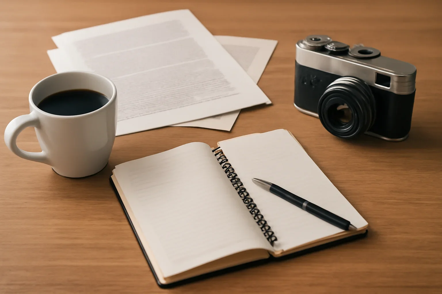 Editorial desk with notebook, coffee, camera and printed pages