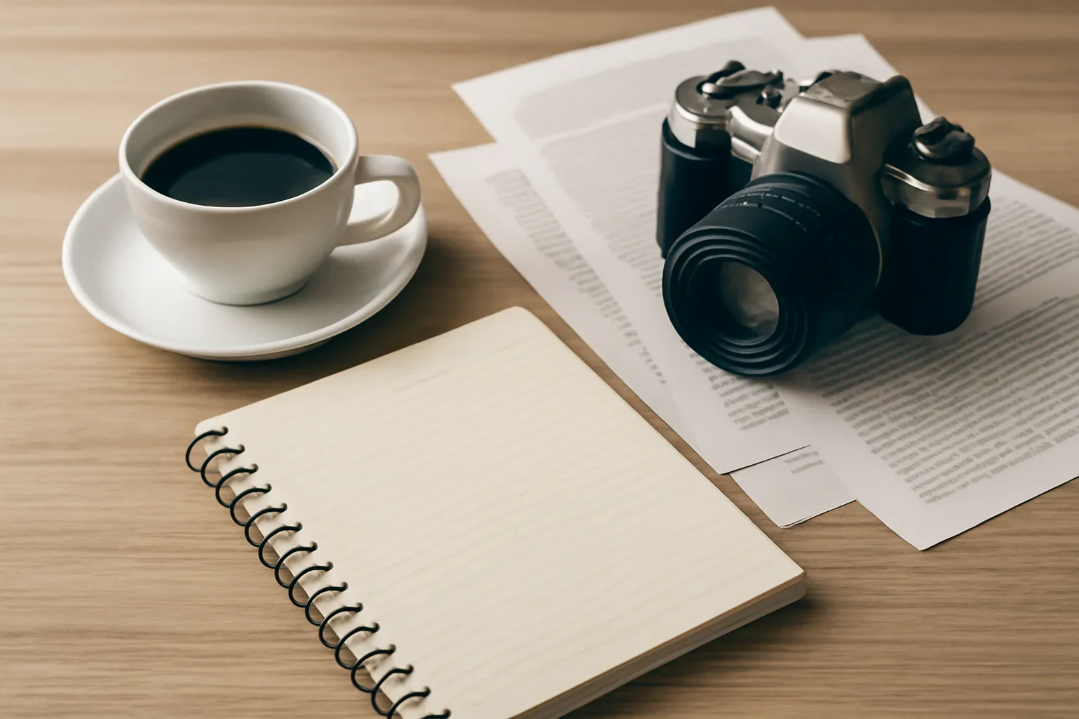 Editorial desk with notebook, coffee, camera and printed pages