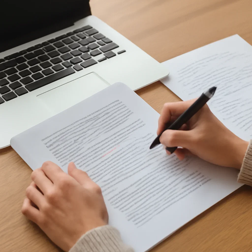 Hands reviewing page proofs and reader notes beside a laptop