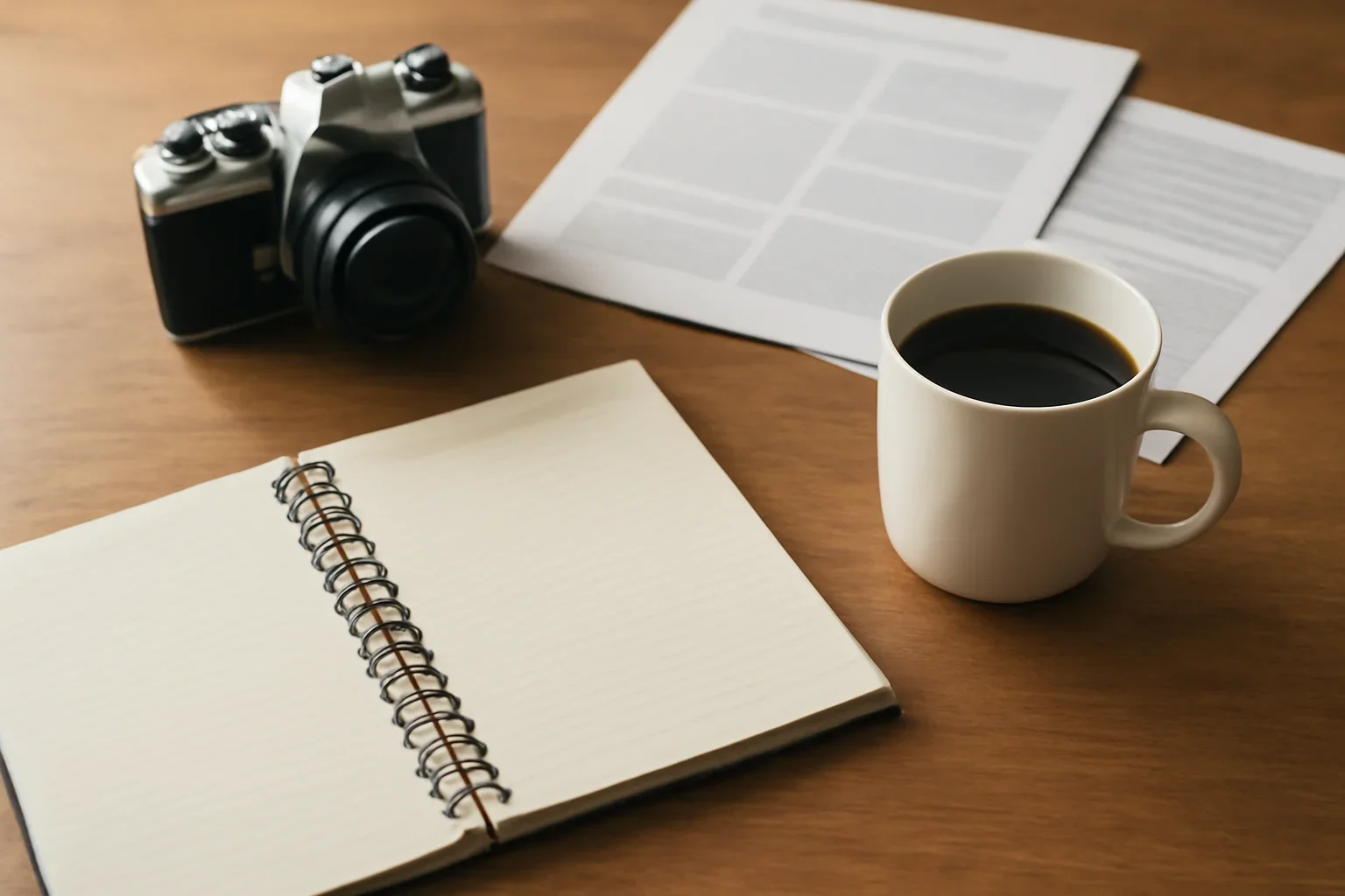 Editorial desk with notebook, coffee, camera and printed pages