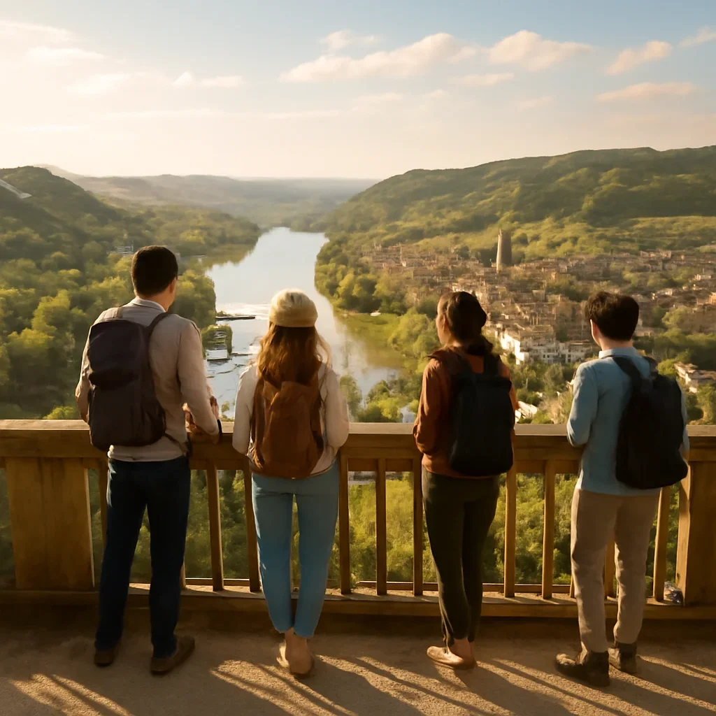 Travellers pausing at a viewpoint in France