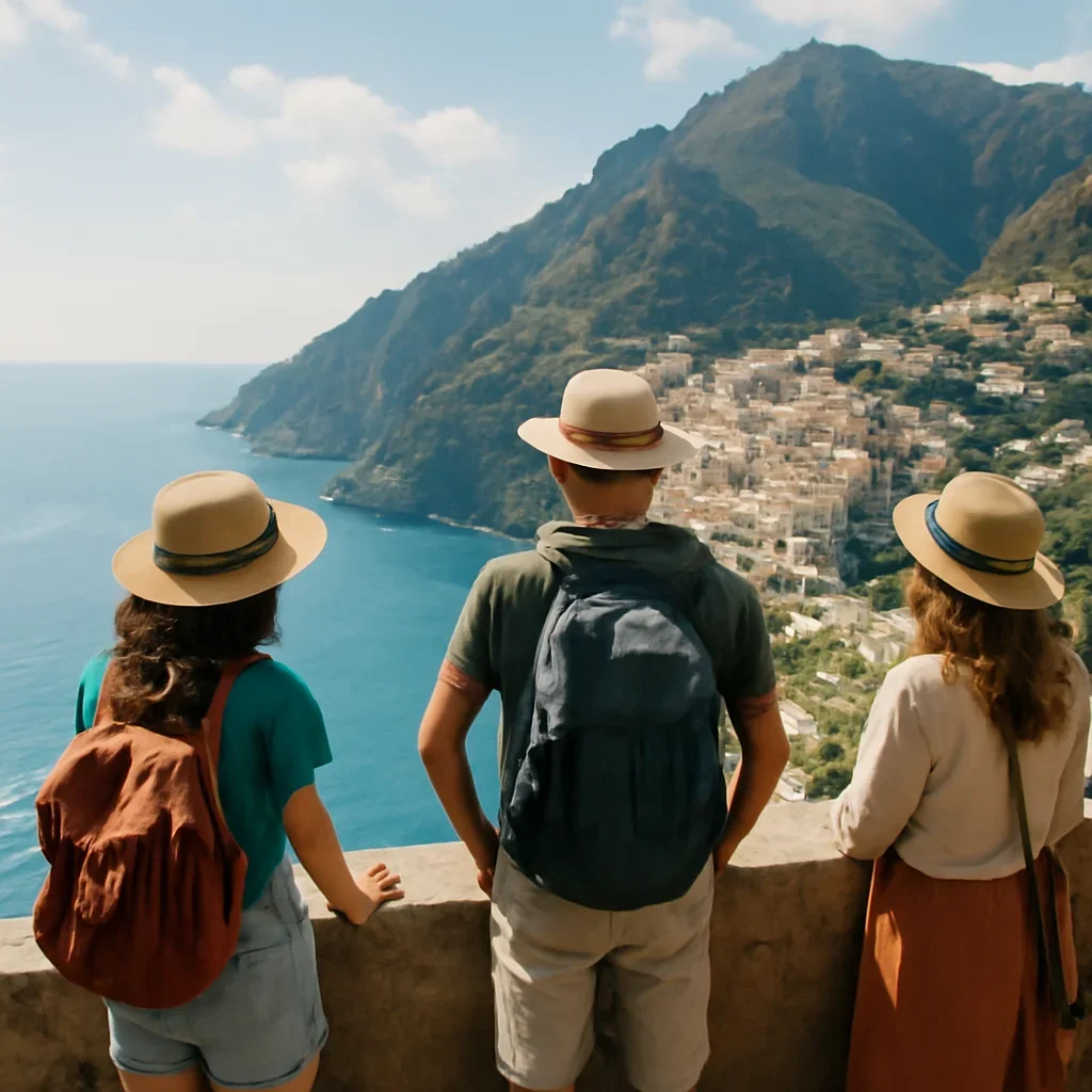 Travellers pausing at a viewpoint in Italy