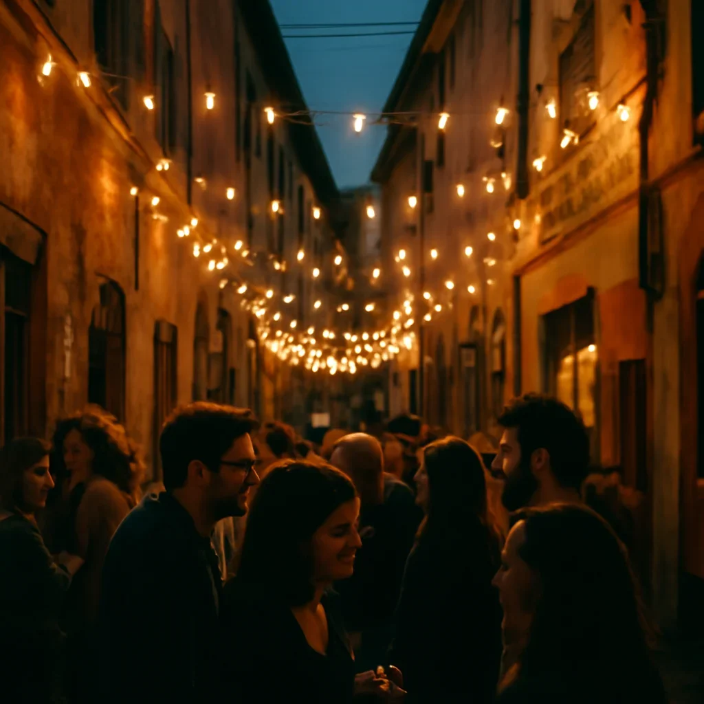 Festival lights above a narrow street filled with evening conversation