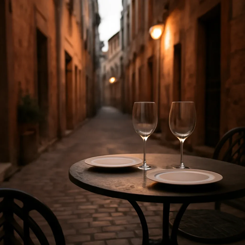 Dinner plates and wine glasses on a small terrace table in a narrow lane