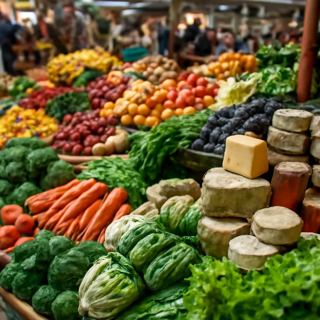 Fresh produce and local specialties displayed at a busy food market