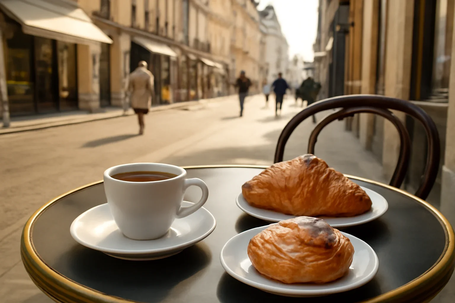 European café table with espresso, pastries and morning street life behind it