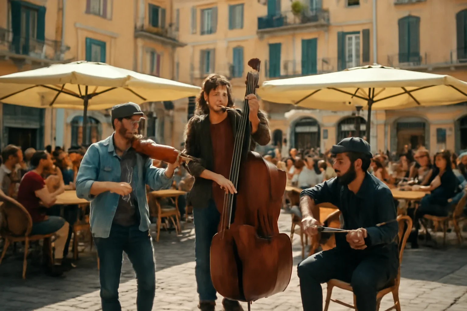 Street musicians and café tables in a lively European square