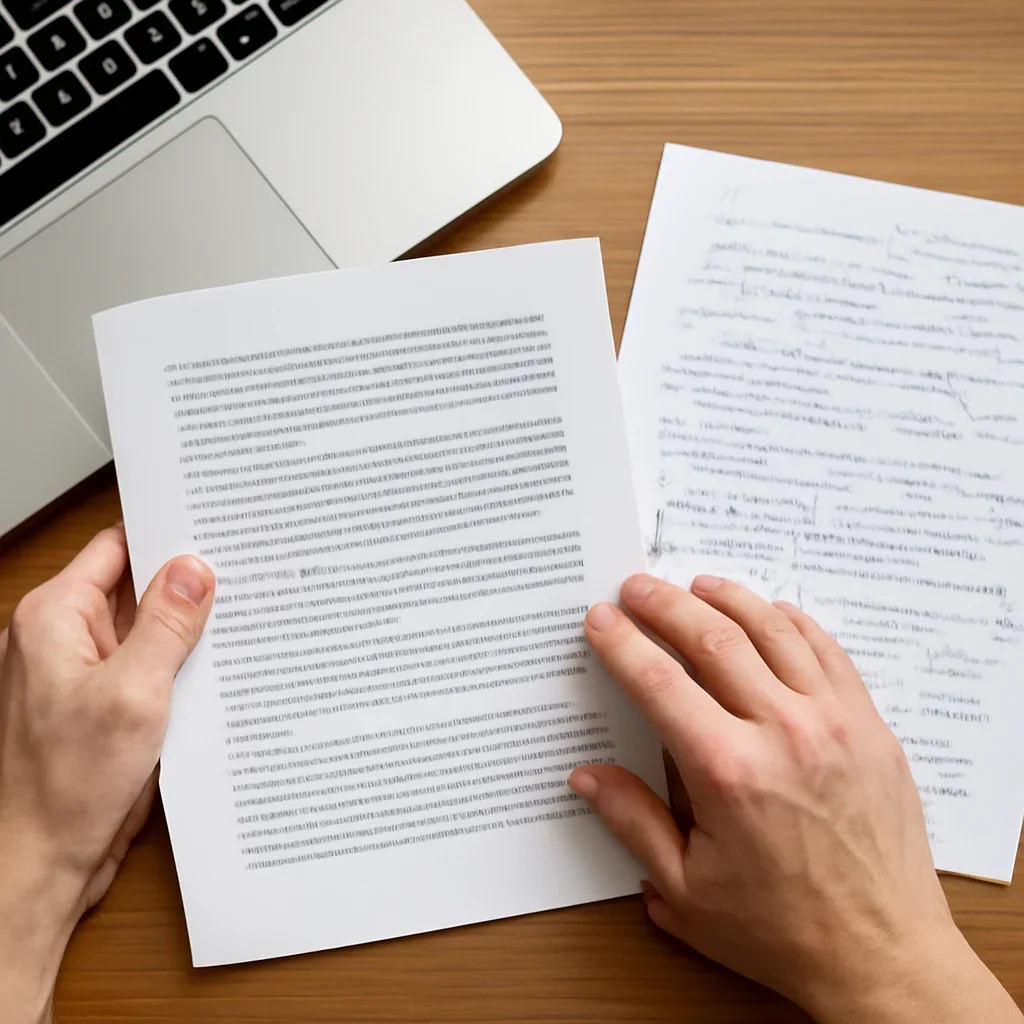Hands reviewing page proofs and reader notes beside a laptop
