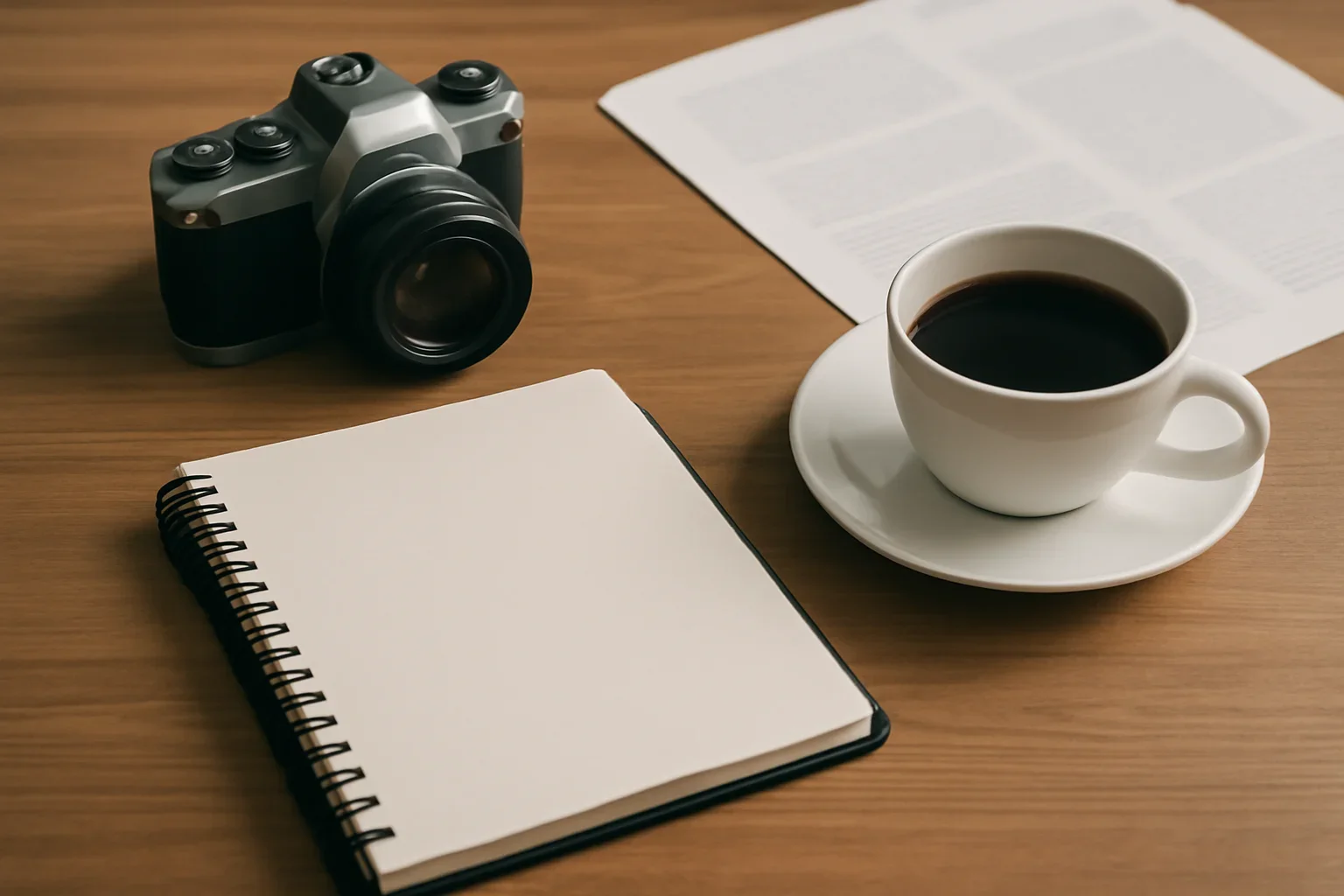 Editorial desk with notebook, coffee, camera and printed pages