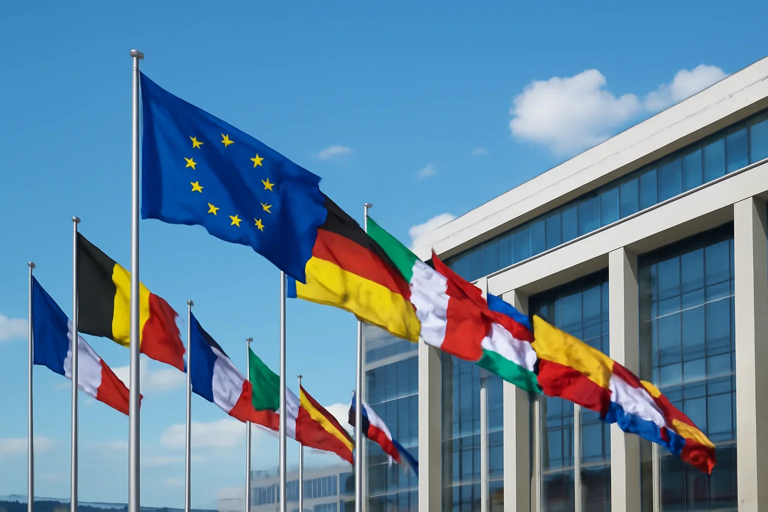 European flags outside a modern institutional building under bright sky
