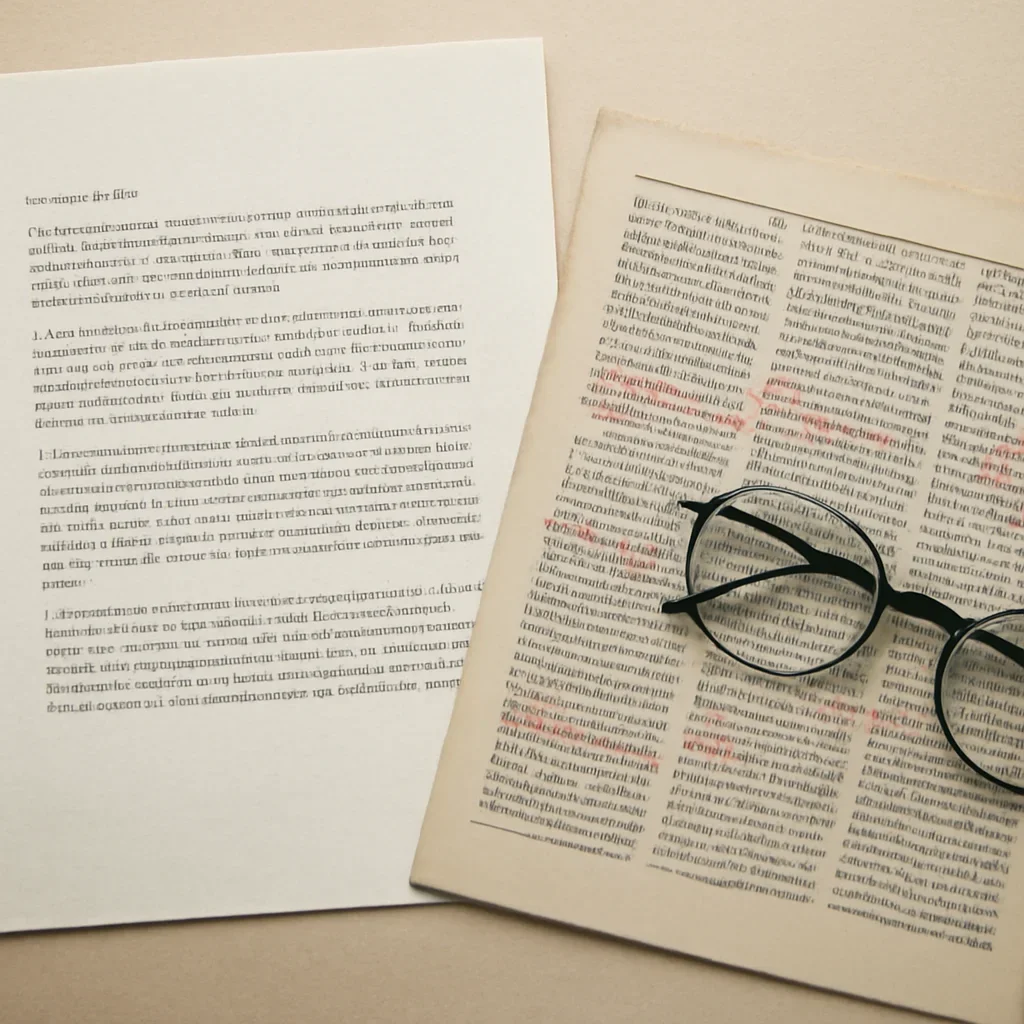 Typed letter beside a marked-up article clipping and reading glasses