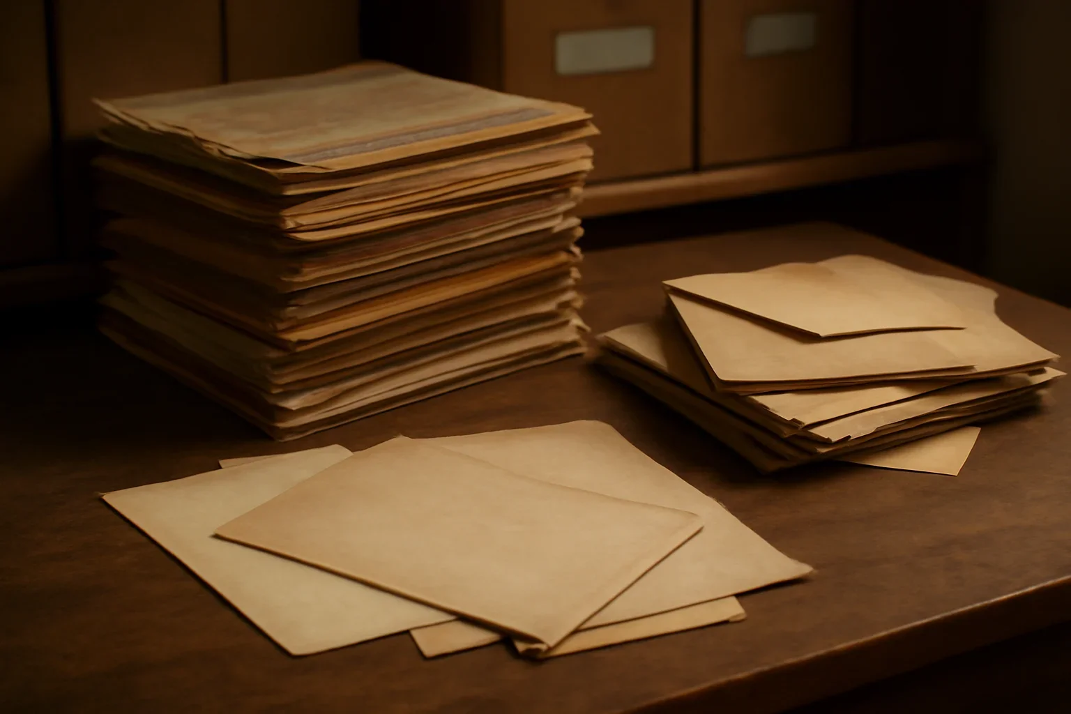 Stack of old magazine issues, envelopes and notes on an archive desk
