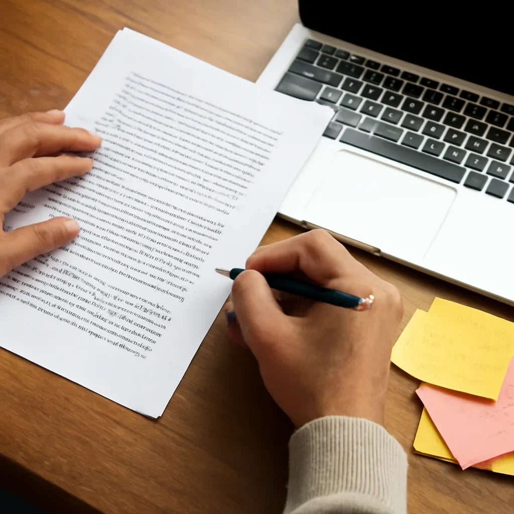 Hands reviewing page proofs and reader notes beside a laptop
