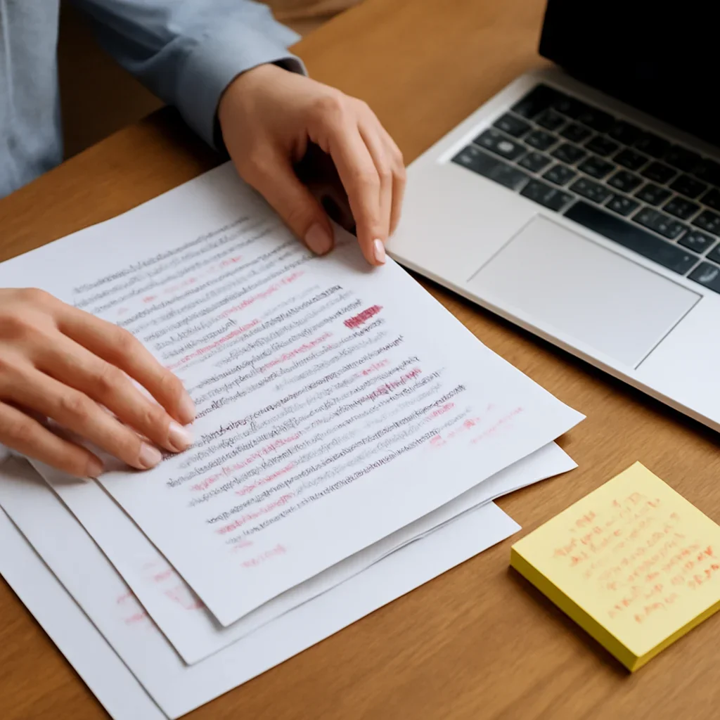 Hands reviewing page proofs and reader notes beside a laptop