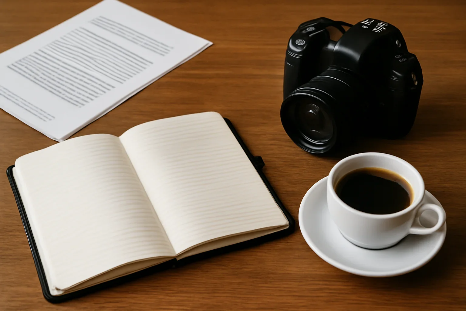 Editorial desk with notebook, coffee, camera and printed pages