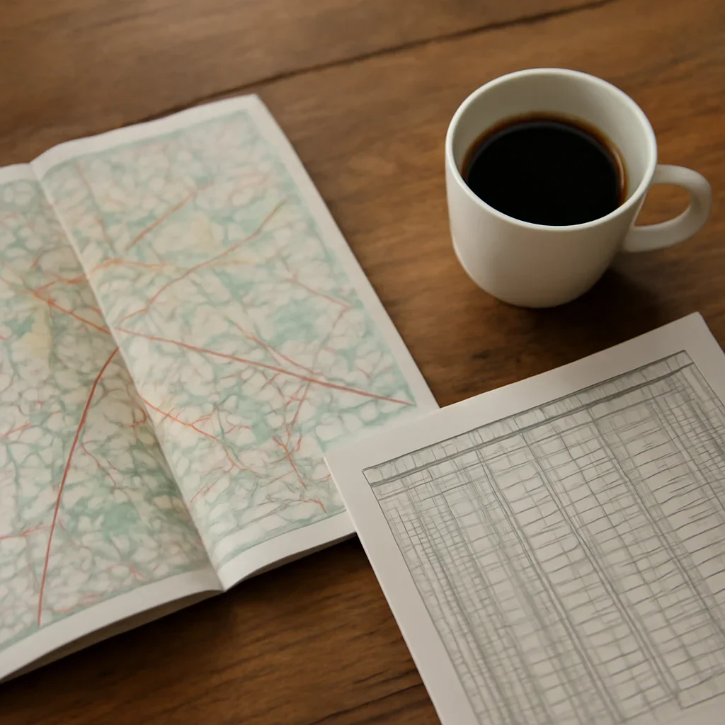 Open map, train timetable and coffee on a wooden table before a trip