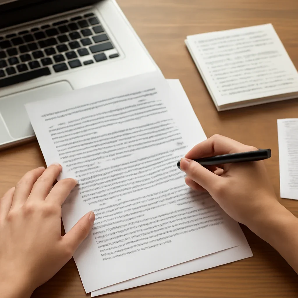 Hands reviewing page proofs and reader notes beside a laptop