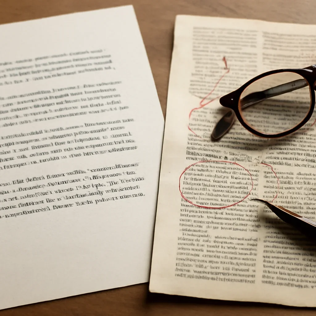 Typed letter beside a marked-up article clipping and reading glasses