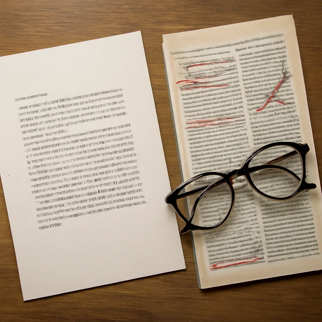 Typed letter beside a marked-up article clipping and reading glasses