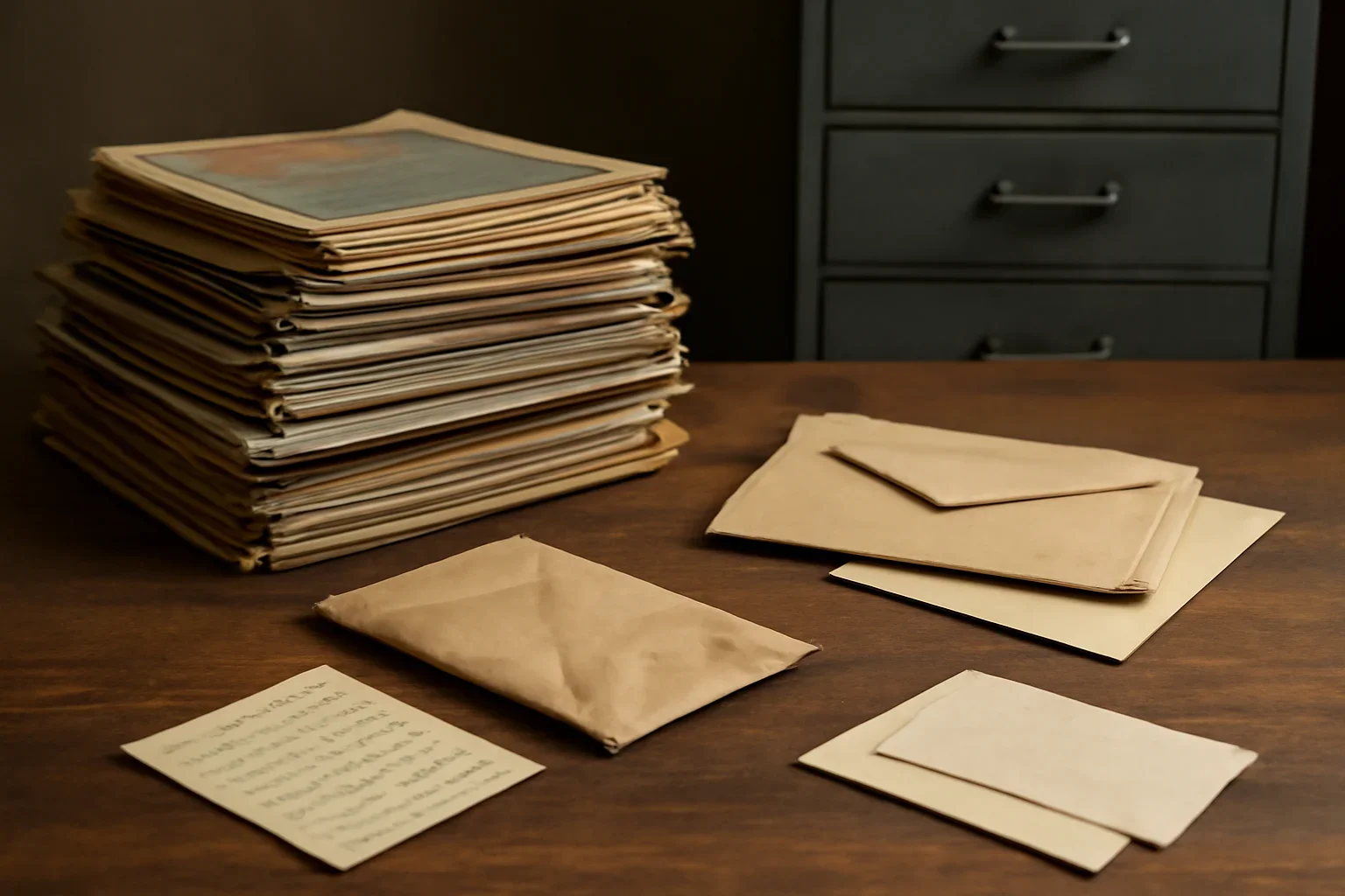 Stack of old magazine issues, envelopes and notes on an archive desk