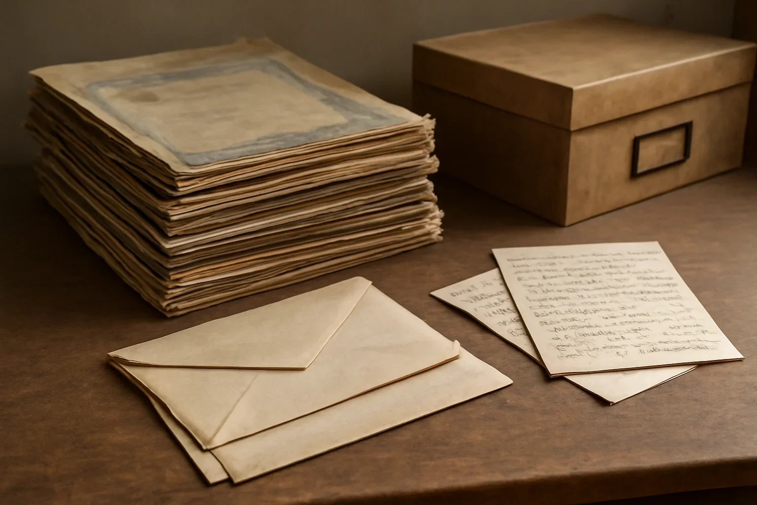 Stack of old magazine issues, envelopes and notes on an archive desk
