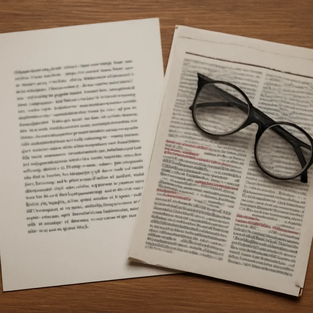 Typed letter beside a marked-up article clipping and reading glasses