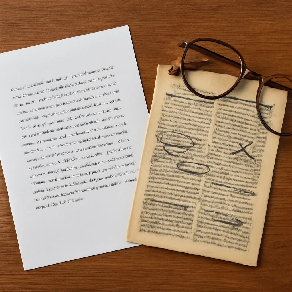 Typed letter beside a marked-up article clipping and reading glasses