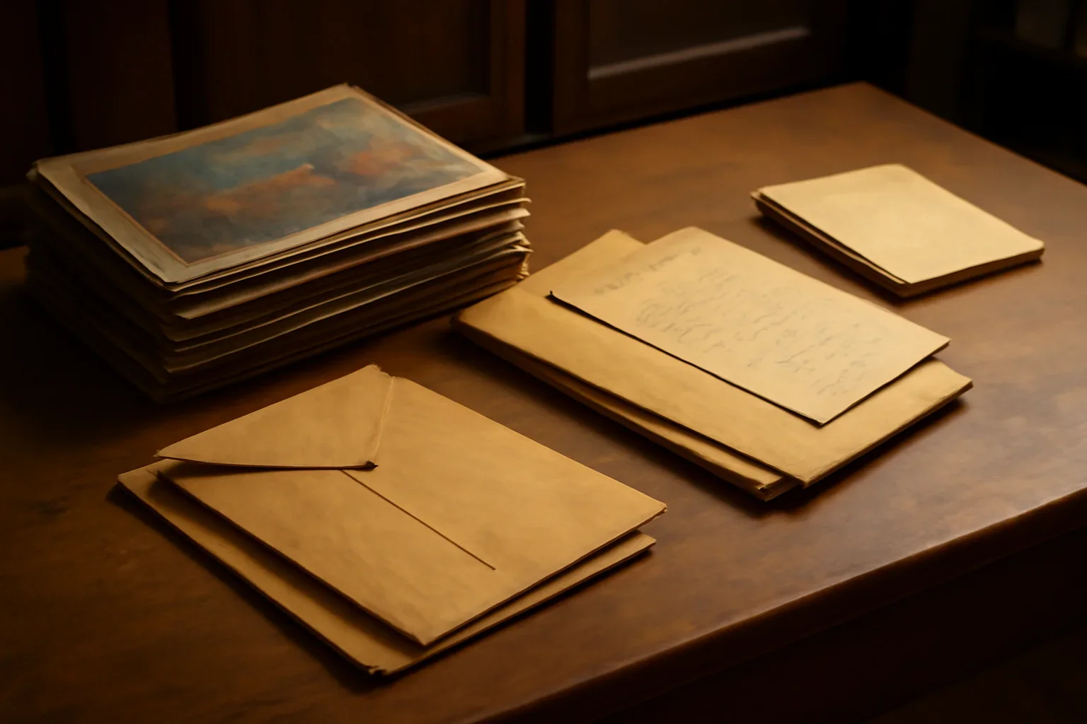 Stack of old magazine issues, envelopes and notes on an archive desk