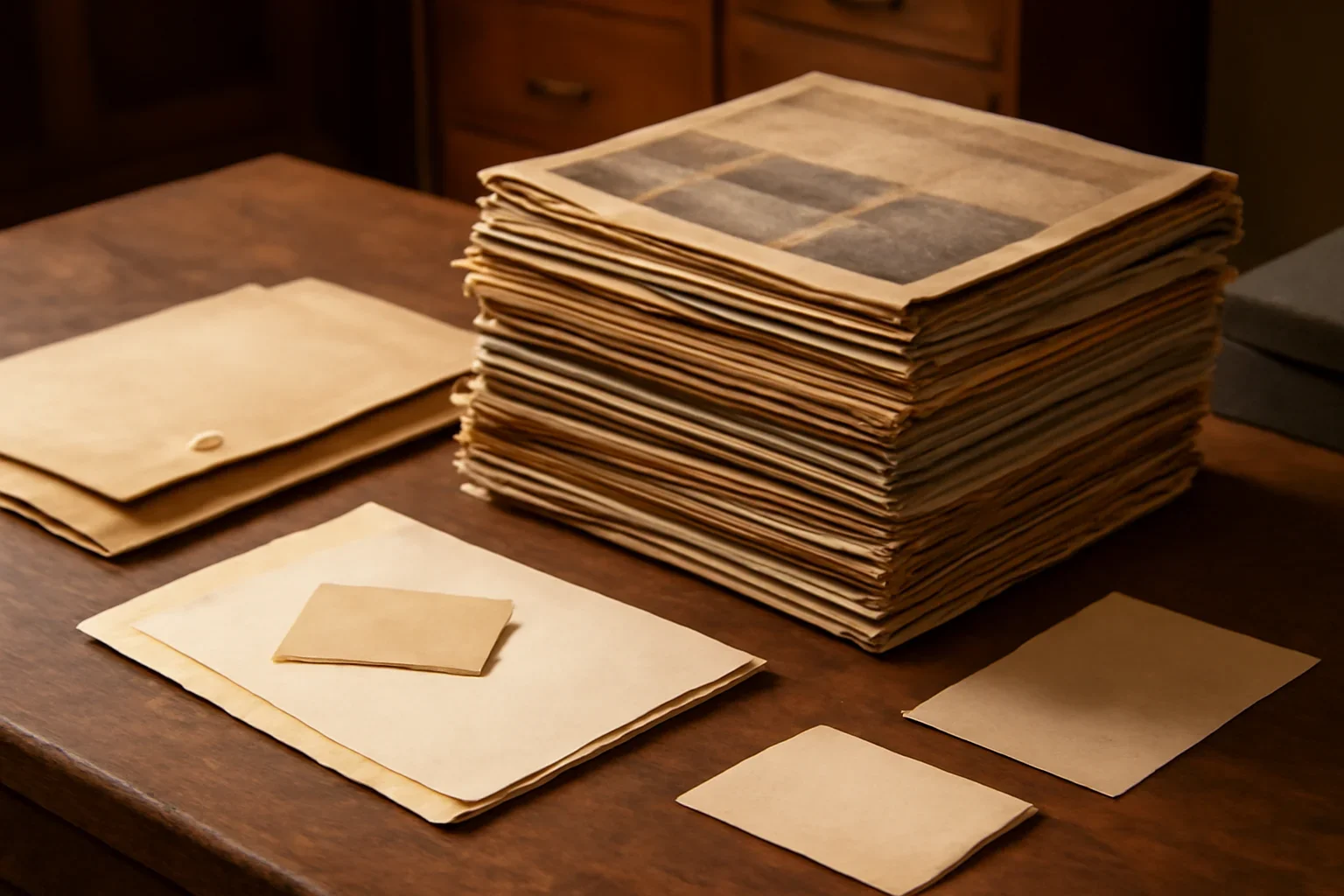 Stack of old magazine issues, envelopes and notes on an archive desk