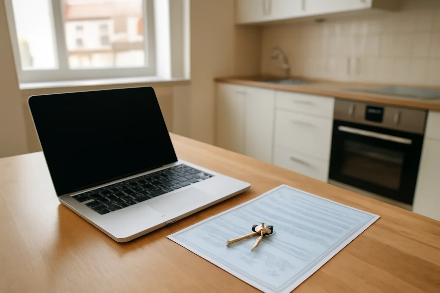 Laptop, apartment keys and residency papers on a kitchen table in Europe