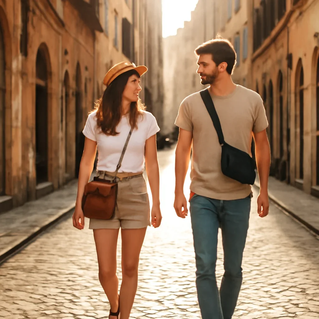 Travellers walking through a sunlit European street with small bags