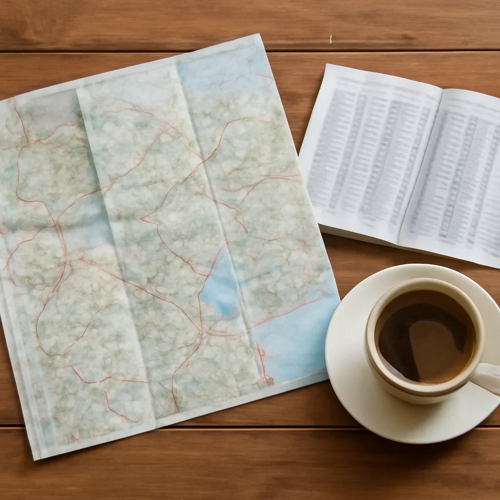 Open map, train timetable and coffee on a wooden table before a trip