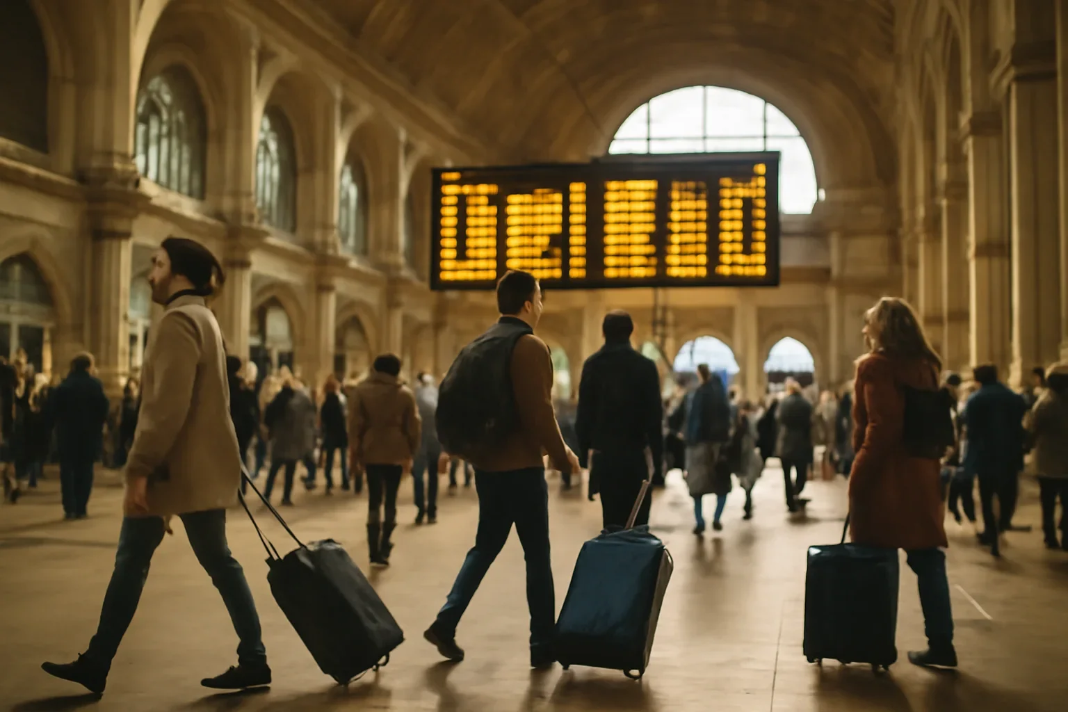 European station hall with travellers, luggage and departure board light