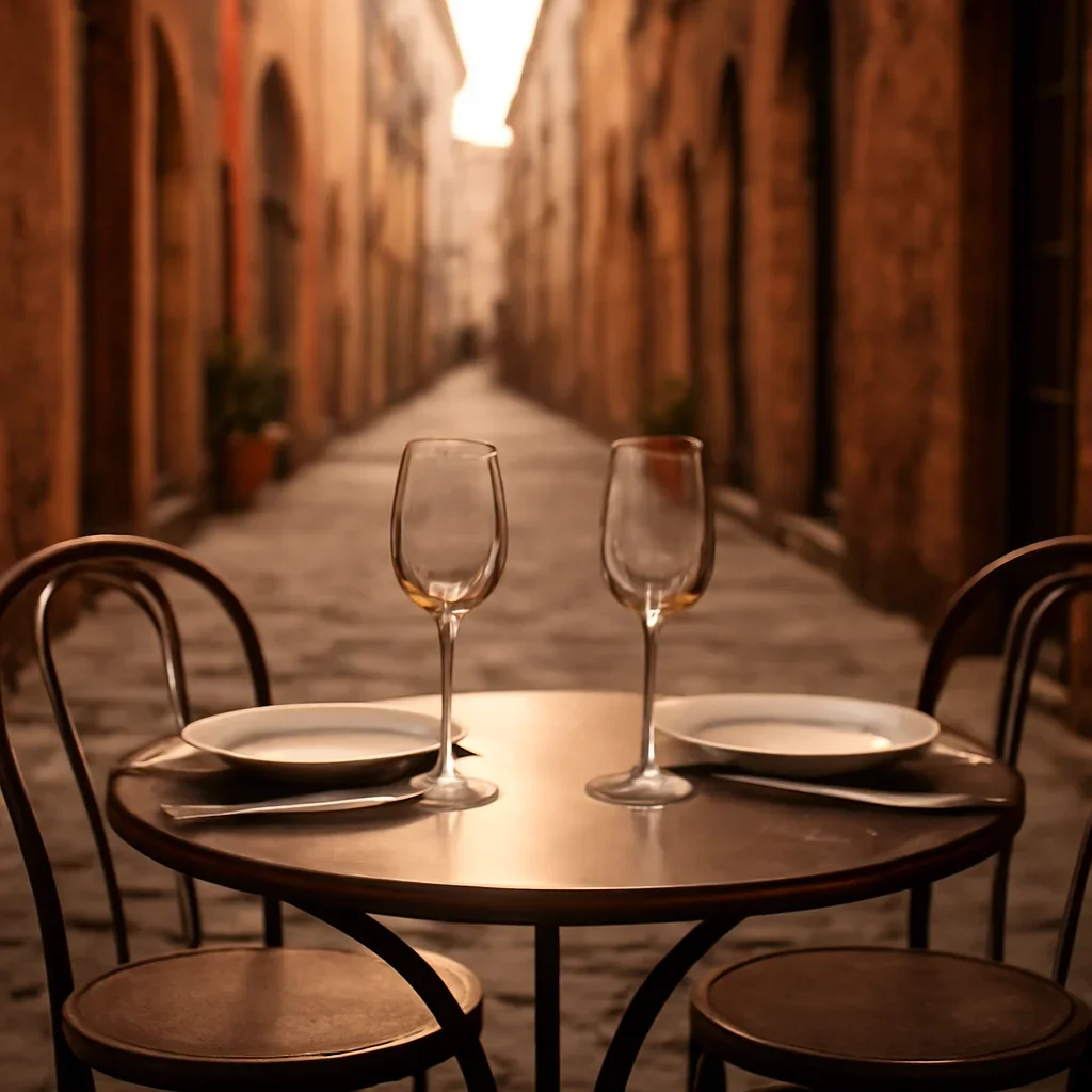 Dinner plates and wine glasses on a small terrace table in a narrow lane