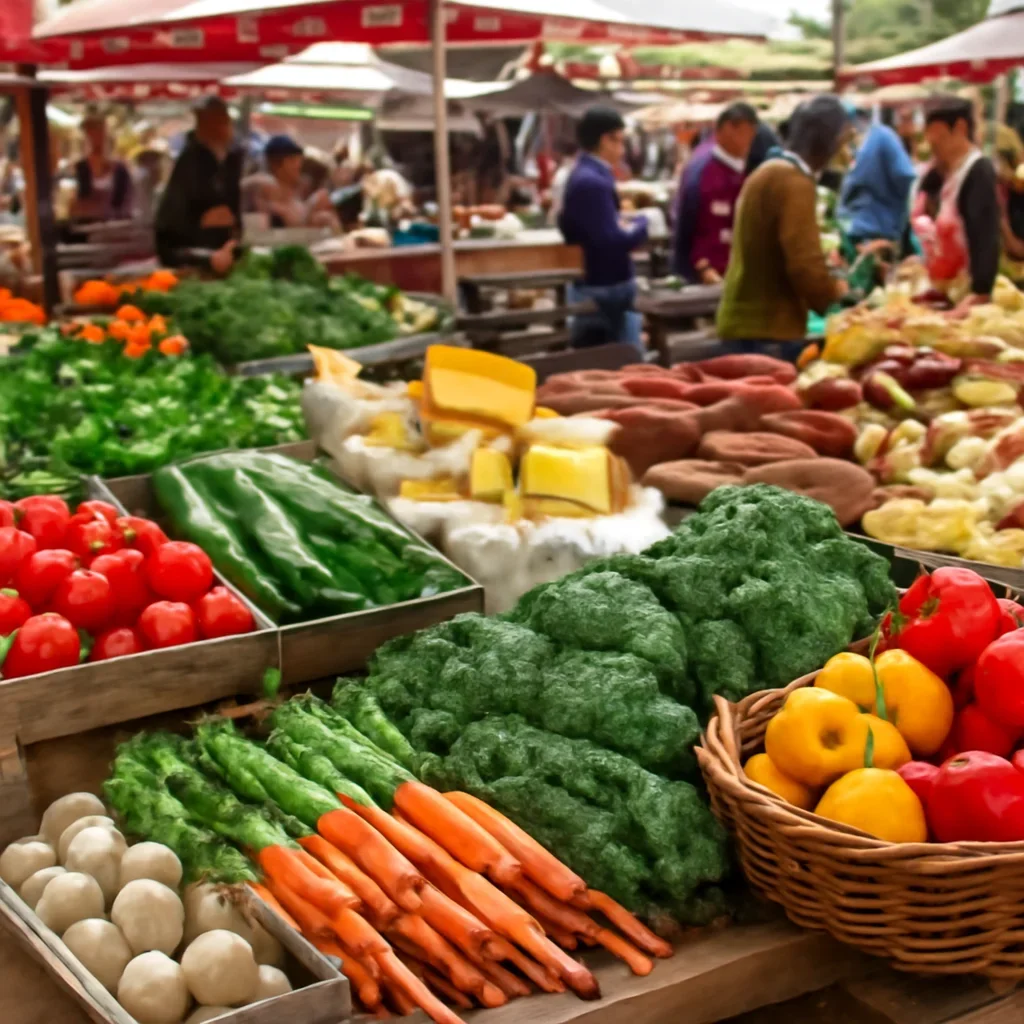Fresh produce and local specialties displayed at a busy food market