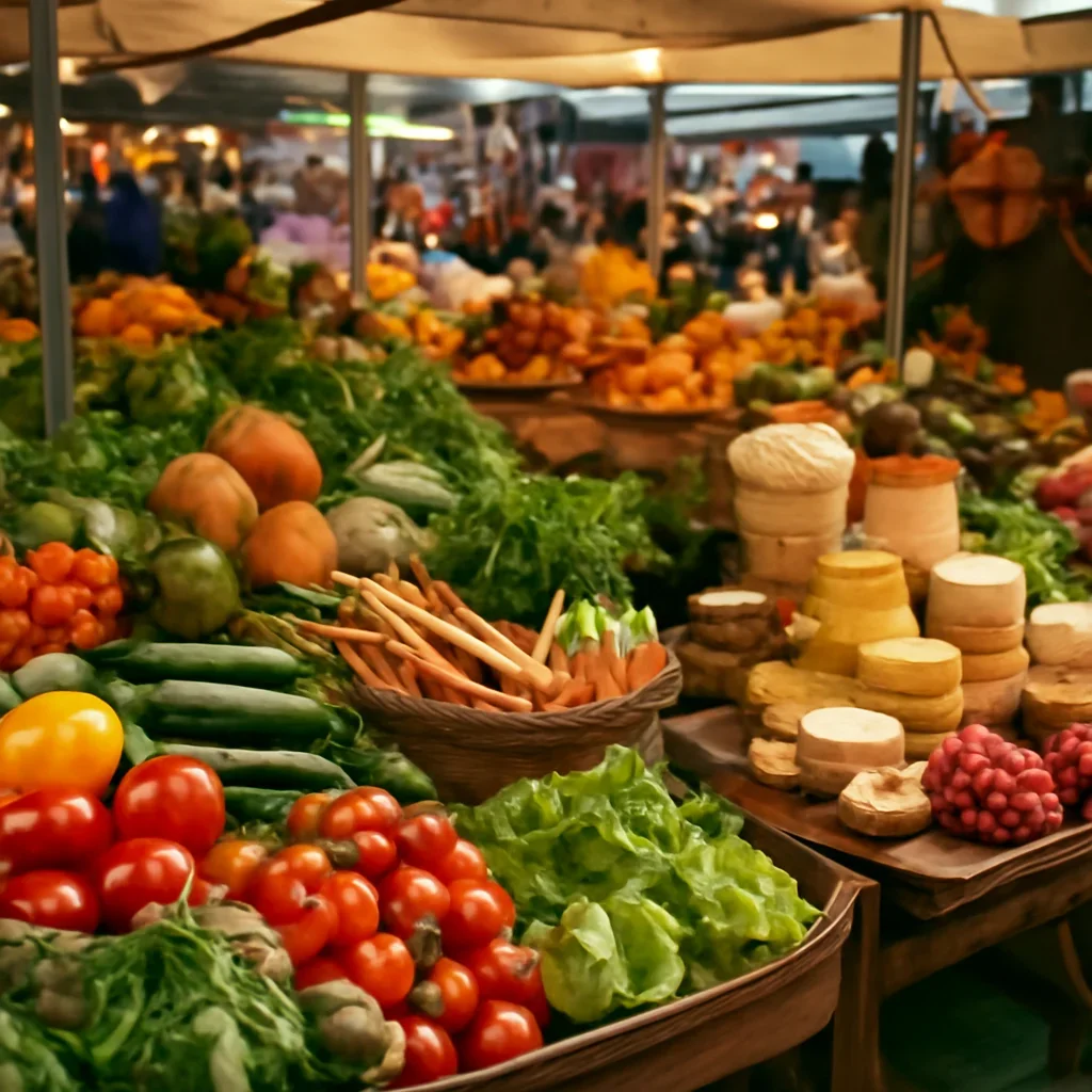 Fresh produce and local specialties displayed at a busy food market