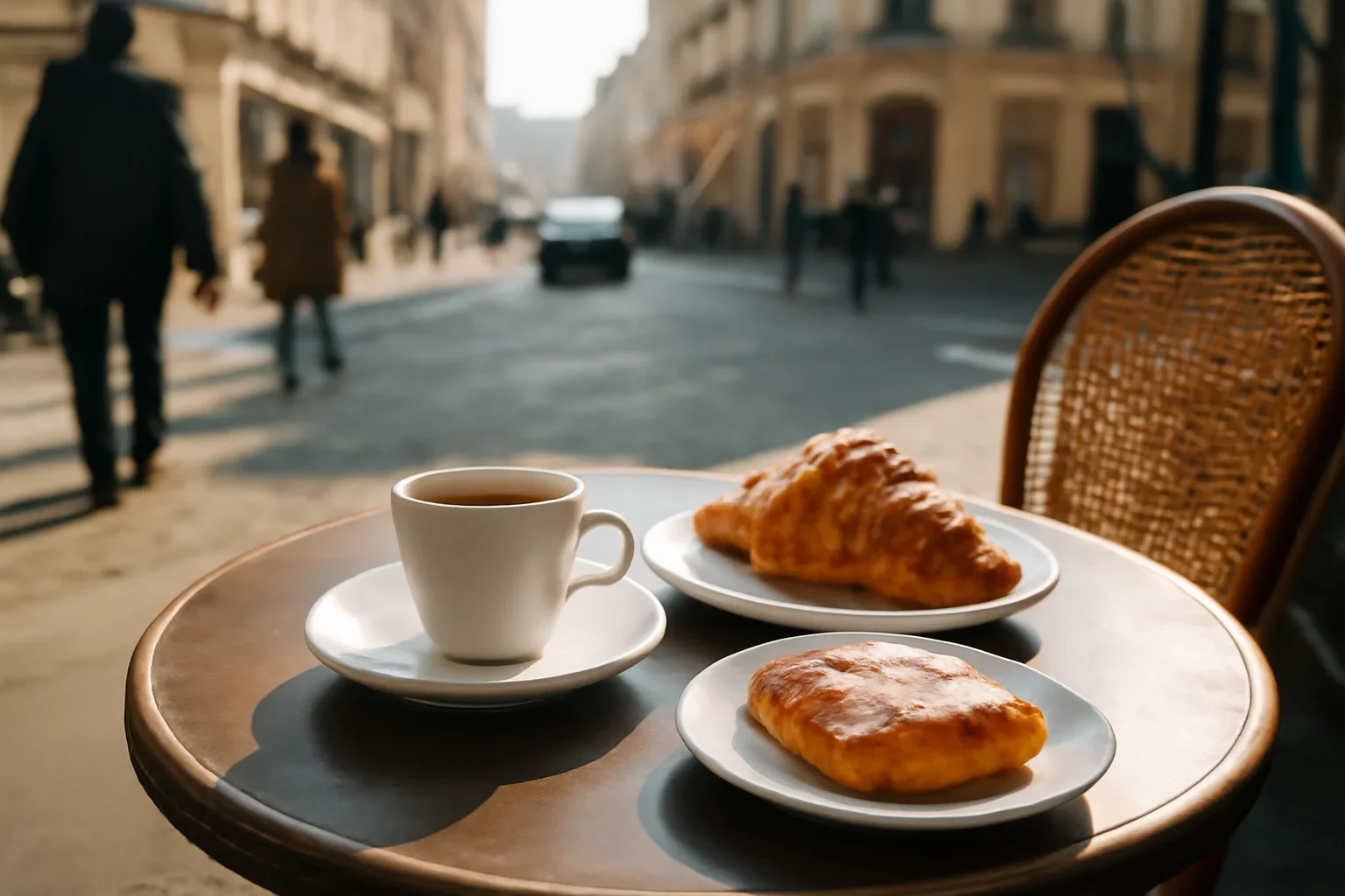European café table with espresso, pastries and morning street life behind it
