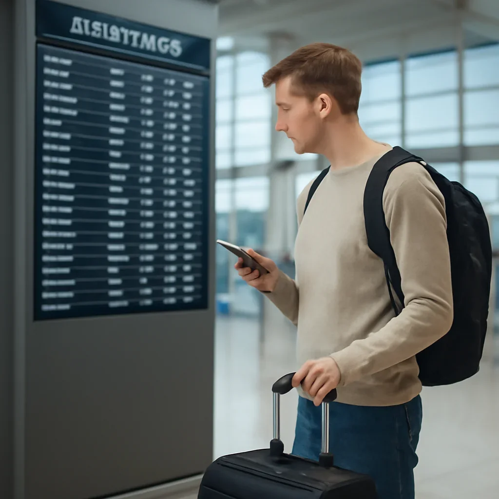 Traveller with carry-on checking entry details beside an airport departures screen