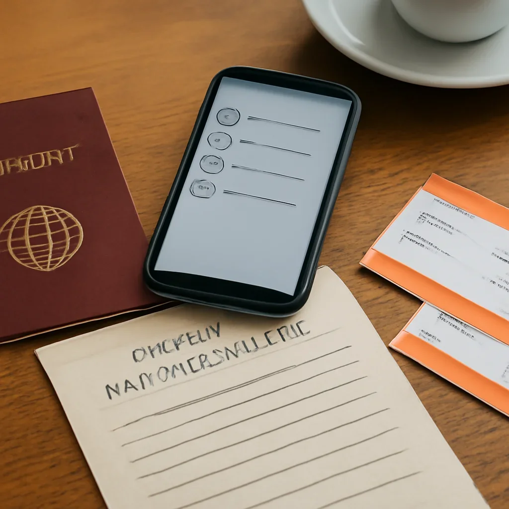Close view of travel documents, phone checklist and train tickets on a café table