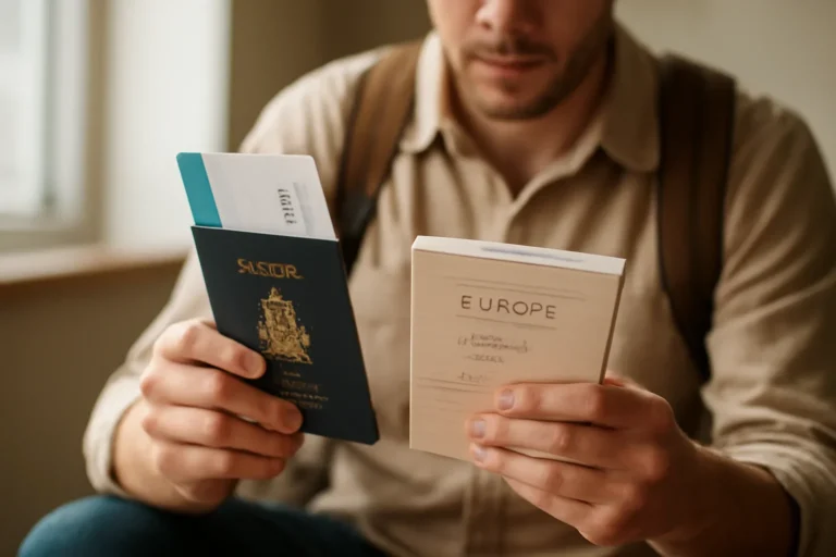 Canadian traveller reviewing passport, boarding pass and Europe itinerary notes