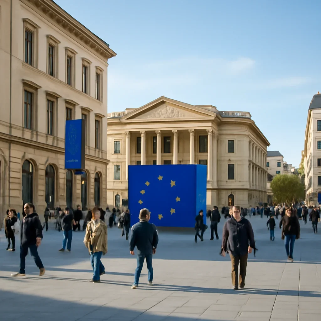 City square scene with civic buildings, pedestrians and EU-themed signage